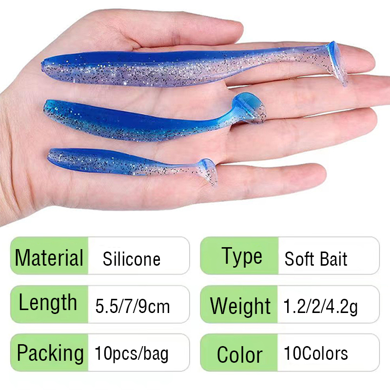 10pcs/bag Soft Lures T Tail 1.2g/5.5cm 2g/7cm 4.2g/9cm Double Color ...