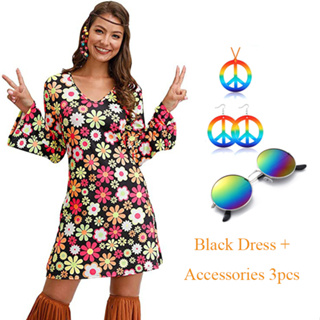 2Pcs 60s 70s Outfit for Girls Kids Hippie Costume Bell Sleeve Print Disco  Dress with Headband Halloween Cosplay Dancing Dress