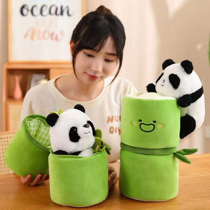 26cm Lovely bamboo tube panda holding bamboo doll Stuffed toy for boys