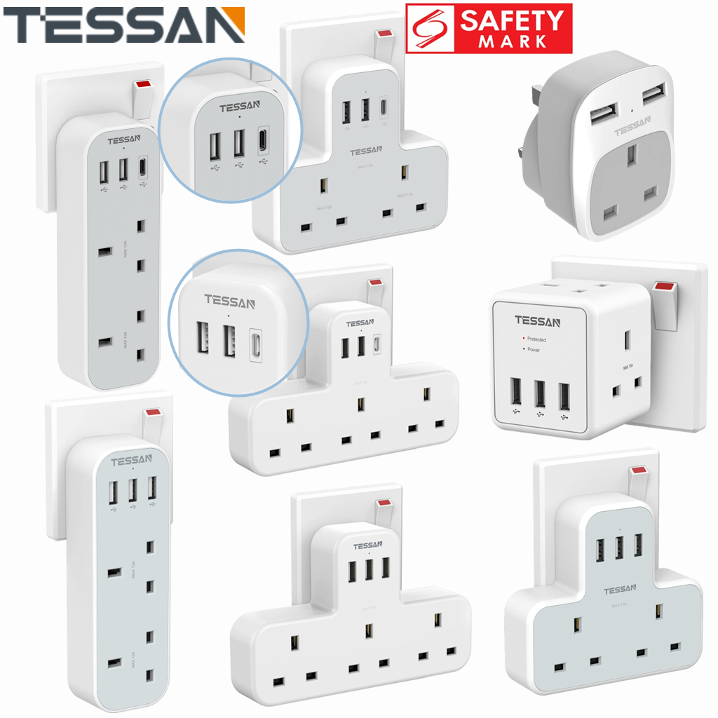 [SG Safety Mark]TESSAN 13A Singpore Multi Plug USB C Charger Extension ...