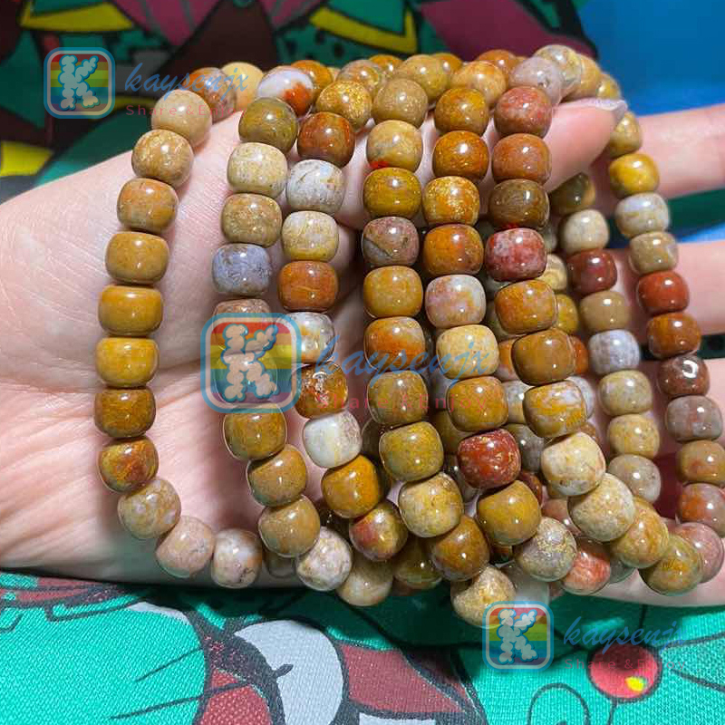 Kaysenjx Natural Red Yellow Warrior Agate Barrel Bead Bracelets