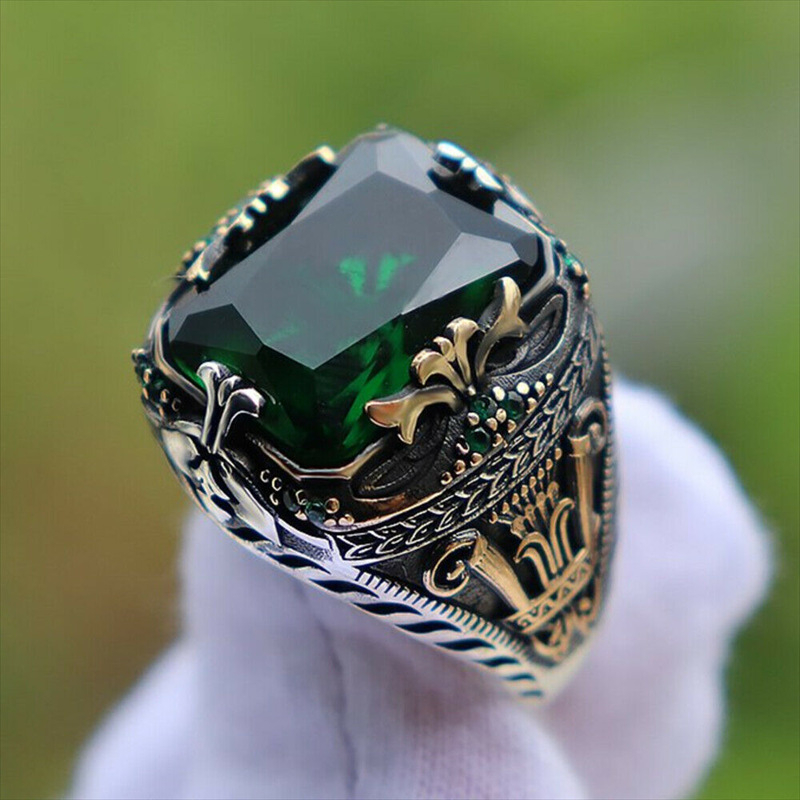 Retro Green Rhinestone Ancient Silver Ring Turkish Signet Ring For