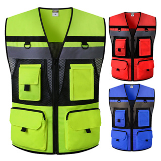 High Visibility Reflective Safety Vest Zippered Work Clothes Fishing Net  Multi-Pocket Traffic Construction Night Safety Clothing