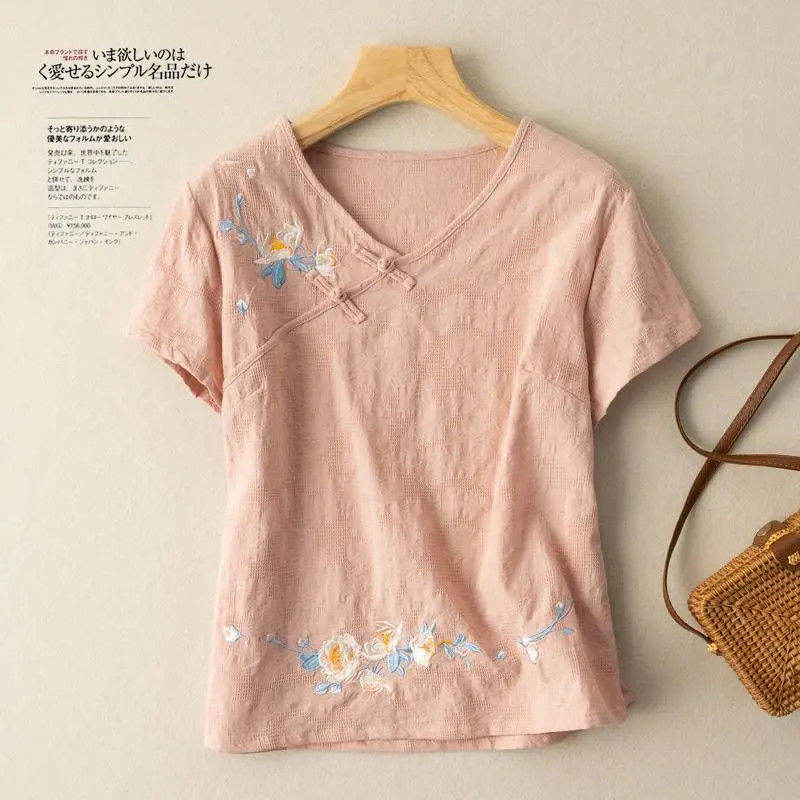 Embroidered diagonal placket button cotton linen Tshirt Women's