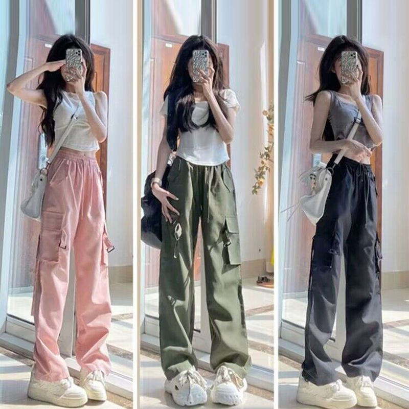 Cargo pants women's summer new style high waist sagging pink wide leg pants  casual pants US version sports pants