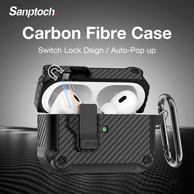 Sanptoch Carbon Fiber Lock Clip Airpods Case For Airpods Pro 3rd  Armor Protective Casing Shockproof Rugged Full Cover With Keychain