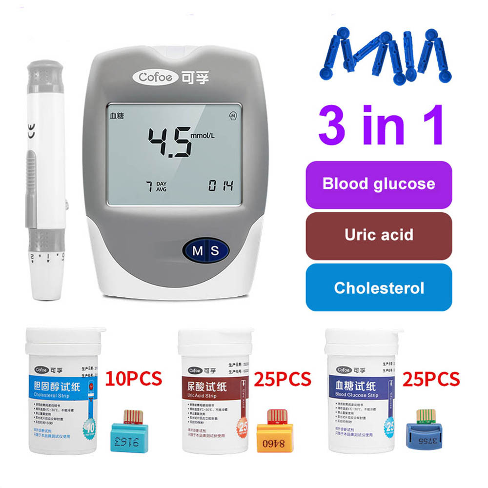 Cofoe 3 in 1 Cholesterol Uric Acid Blood Glucose household meter