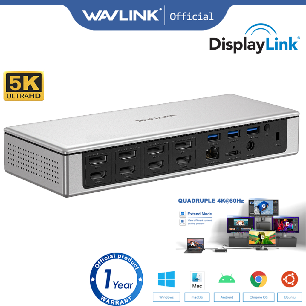 WAVLINK DisplayLink Docking Station Quad Monitors 5K USB C/USB A Laptop