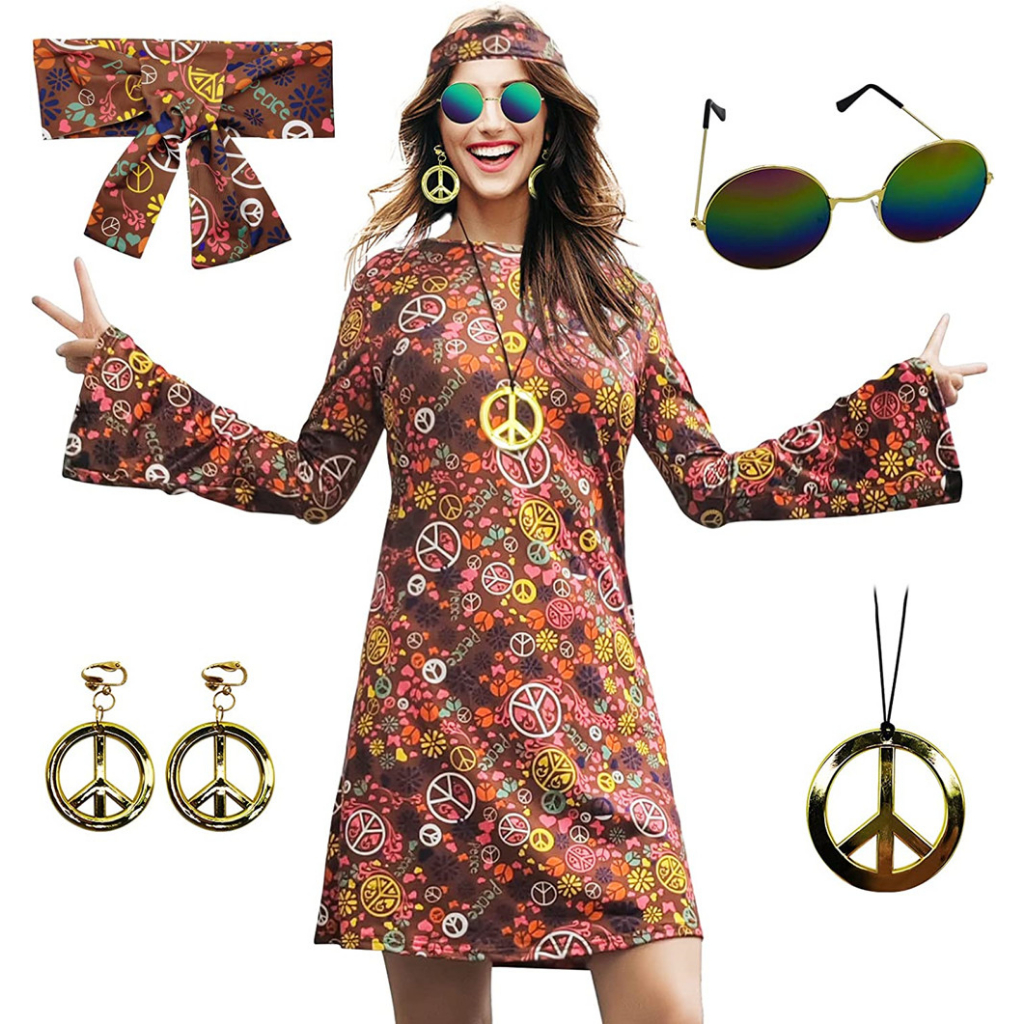 60s 70s Retro Outfit For Women Dress Hippie Costume Disco Flower Dress  Halloween Purim Carvinal Party Clothes