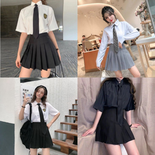 Korean Preppy Style White Schoolgirl Uniform Set With Pleated