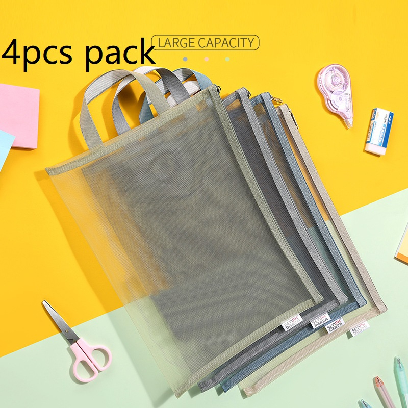 A4 Mesh File Zip Bags 4Pcs Folder Wallets Mesh Zipper Pouch with Handle