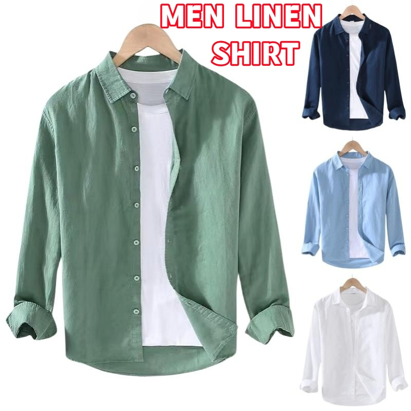 Men s Casual Cotton Linen Shirts Long Sleeve Lapel Plain Slim Fit Shirt Korean Style Baju Kemeja Lelaki Loose Tops