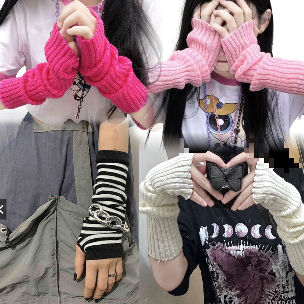 JK Lolita Cosplay Girls Fingerless Gloves Arm Warmers Goth Women Knitted Y2k Kawaii White Hand