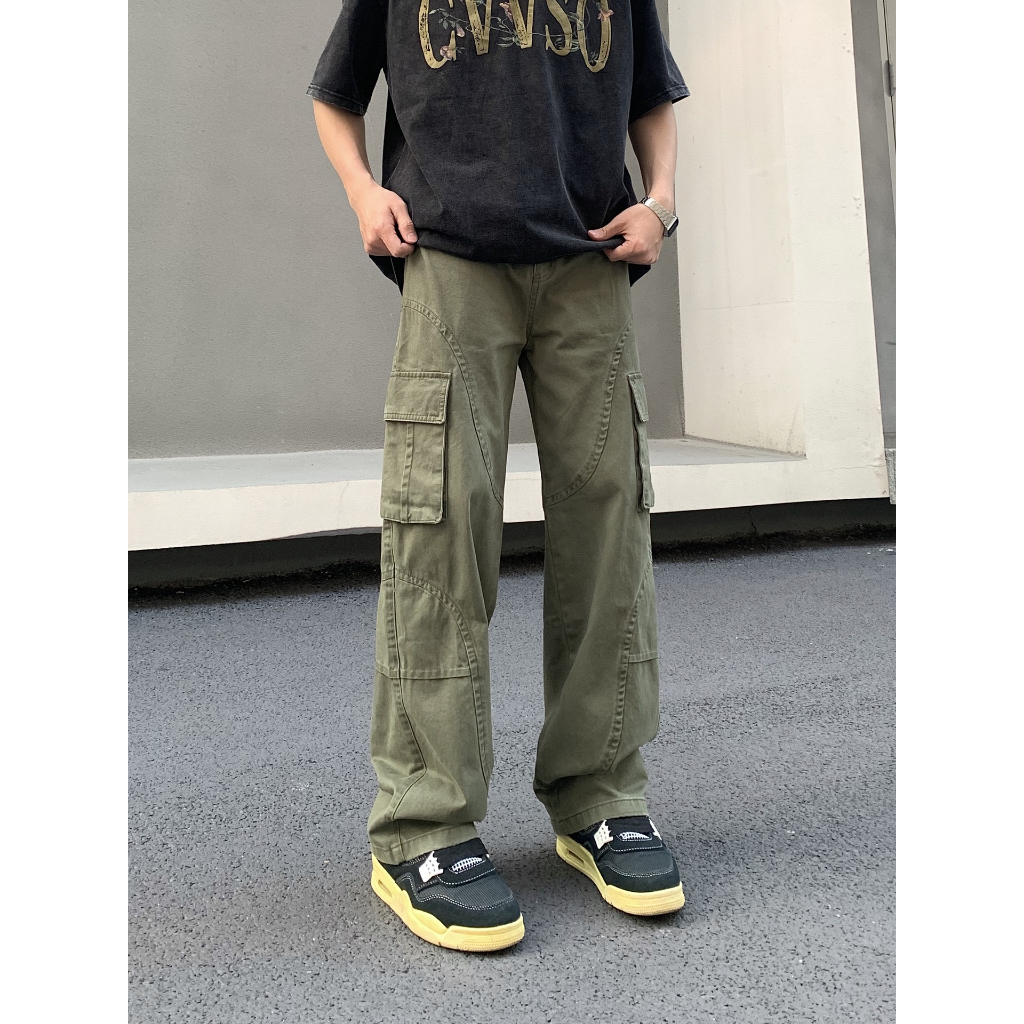 Side Pockets Army Green Cargo Pants Men Straight Style Casual Men's