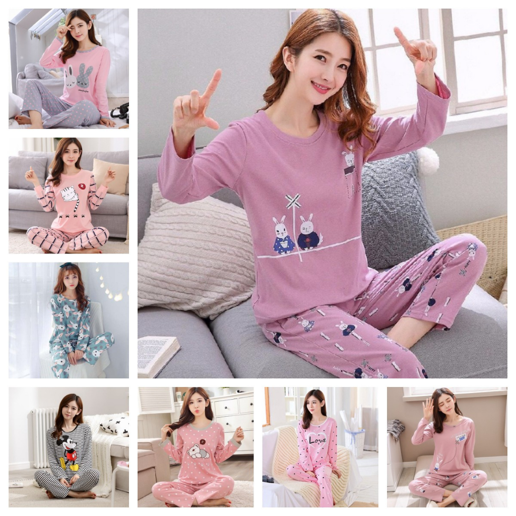 Ready Stock Women Long Sleeved Shirt Pant Suit Rabbit Pajamas Set ...