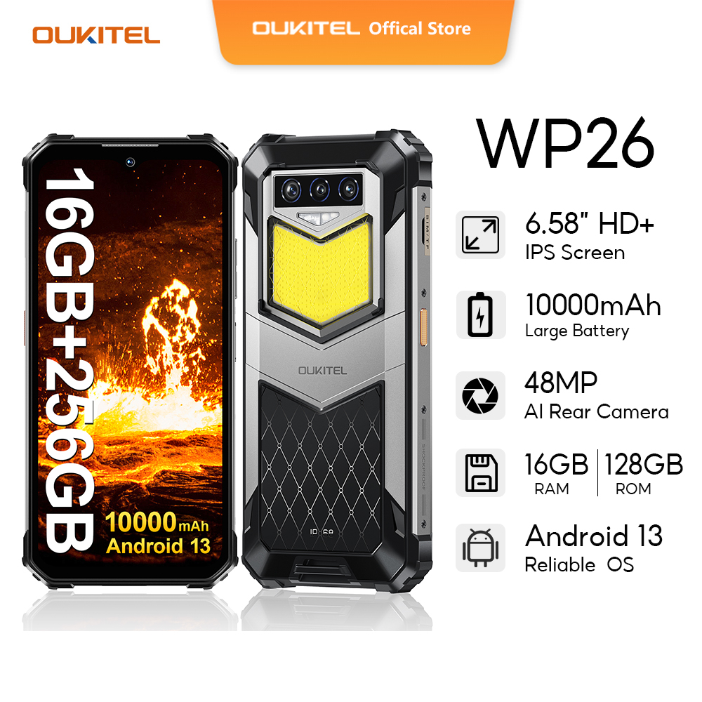 OUKITEL WP26 Flashlight Cell Phone 10000mAh 16GB 256GB 48MP+20MP Night  Camera Rugged Smartphone