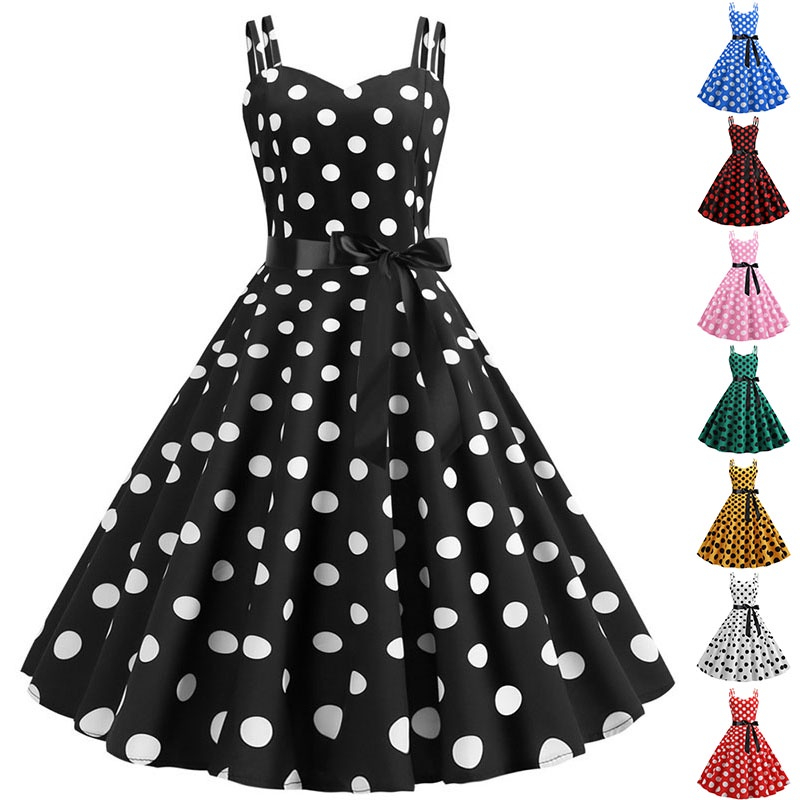 Women Summer Vintage 50s 60s Pin Up Party Dress Spaghetti Strap Polka ...