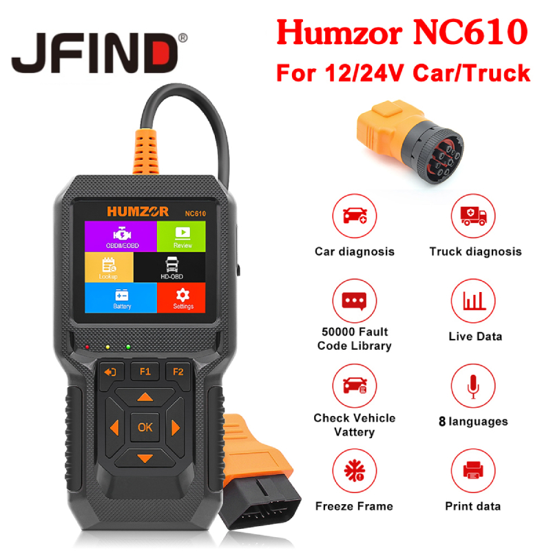 HUMZOR NC610 12V/24V Car Truck OBD 2 Code Reader OBD2 Engine J1939 For ...
