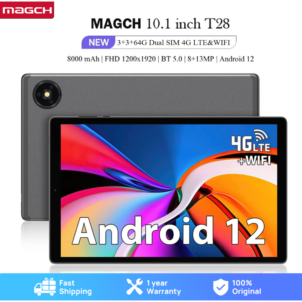 2023 New MAGCH T28 Tablet 10.1 Inch 1200x1920 IPS Android 12 3+3GB RAM 64GB  ROM 8 cores GPS Type-C 8000 mAh Dual SIM 4G LTE&WIFI BT 5.0 Camera 8+13MP