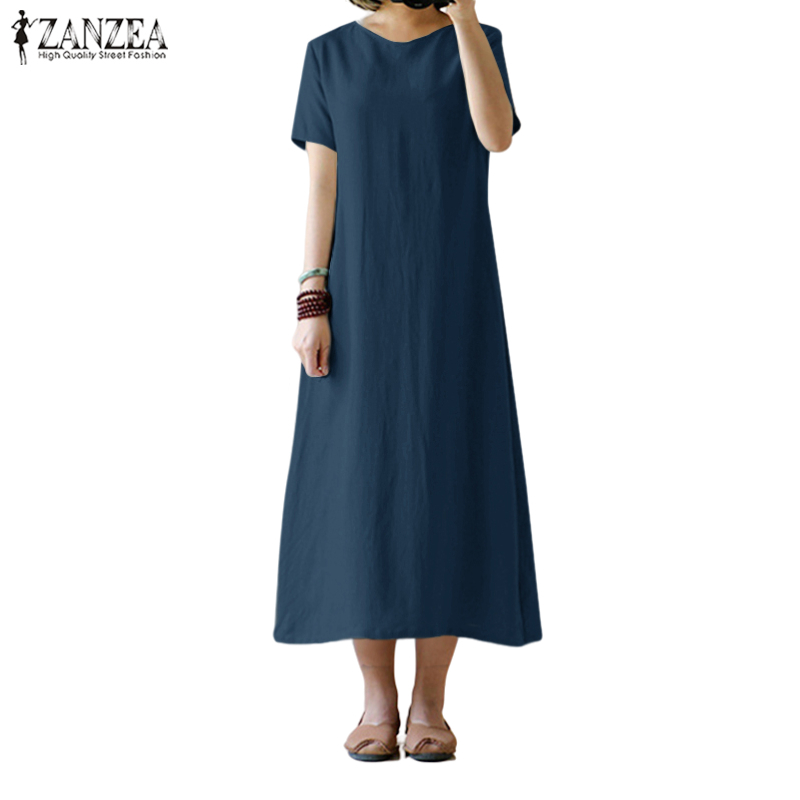 Women Casual Short Sleeve Vintage A-Line Loose Maxi Dress | Shopee ...