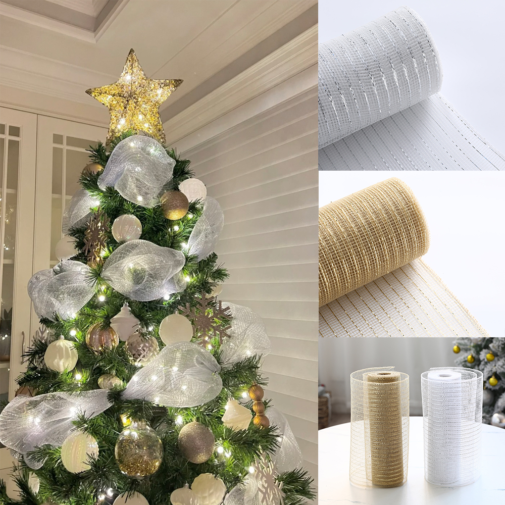 26cm 10 Yards Gold Sliver Mesh Ribbon Roll DIY Christmas Tree Wreaths