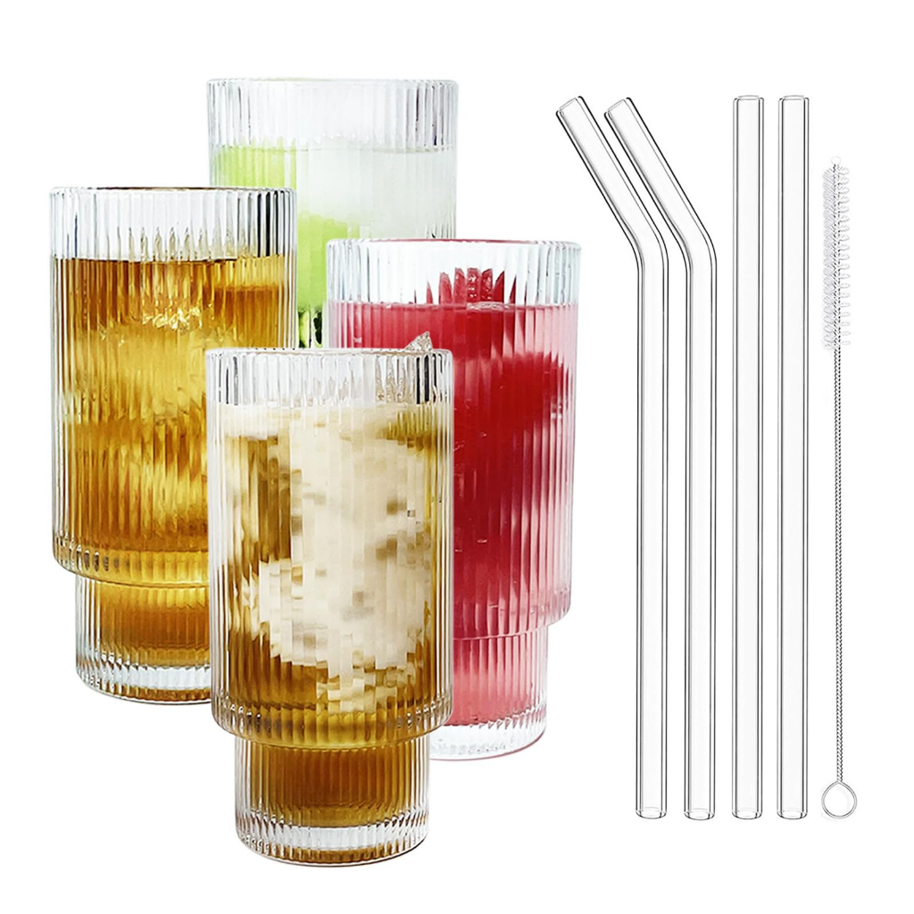 12-ounce ribbed glass with straw, 4-piece ribbed glassware set, ribbed ...