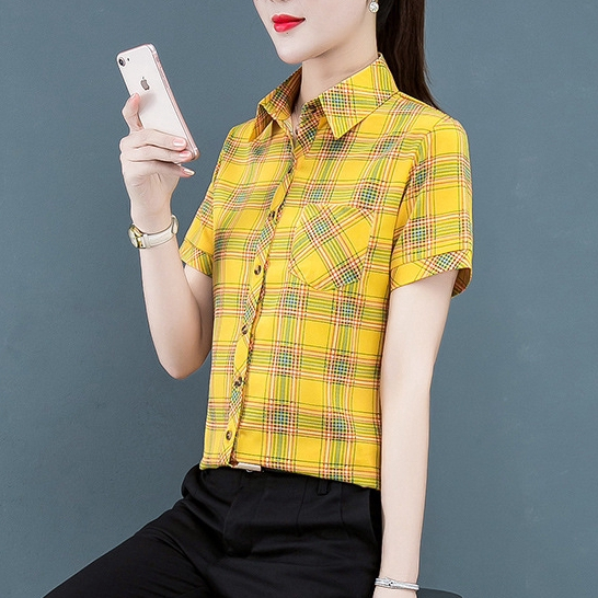 Yellow Red Plaid Shirt Women's Long Sleeve Casual Shirt Women's