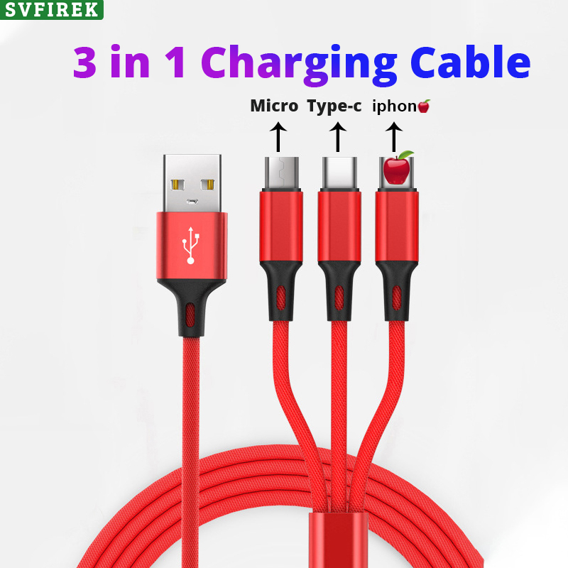 2.4A Fast Charging Cable 3 in 1 USB Cable for MicroUSB Type-C Mobile ...