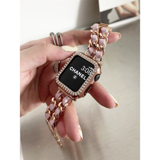 Girls High End Classy Chanel Style Leather Strap Double Diamond Case Set Suitable for iwatch s876543Se2 Smart Watch Strap 38mm40mm41mm42mm44mm45mm