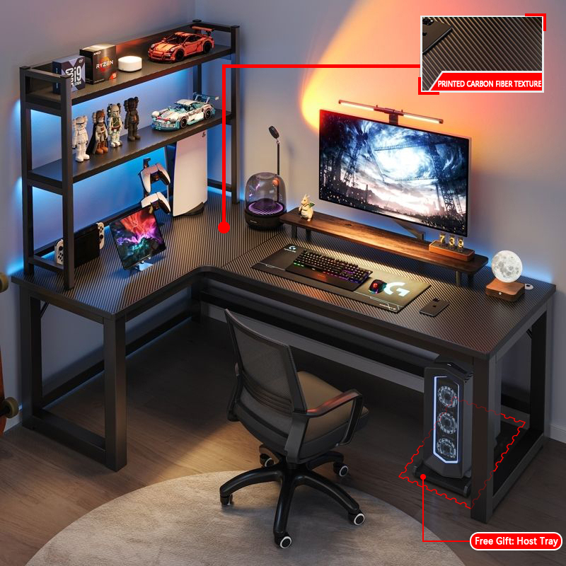 FREE SHIPPING LShaped Study Table Corner Computer Table With Bookshelf【Carbon Fiber Material