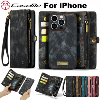 CaseMe iPhone 15 Vintage Leather Zipper Folio Wallet Case with Wrist Strap  Blue