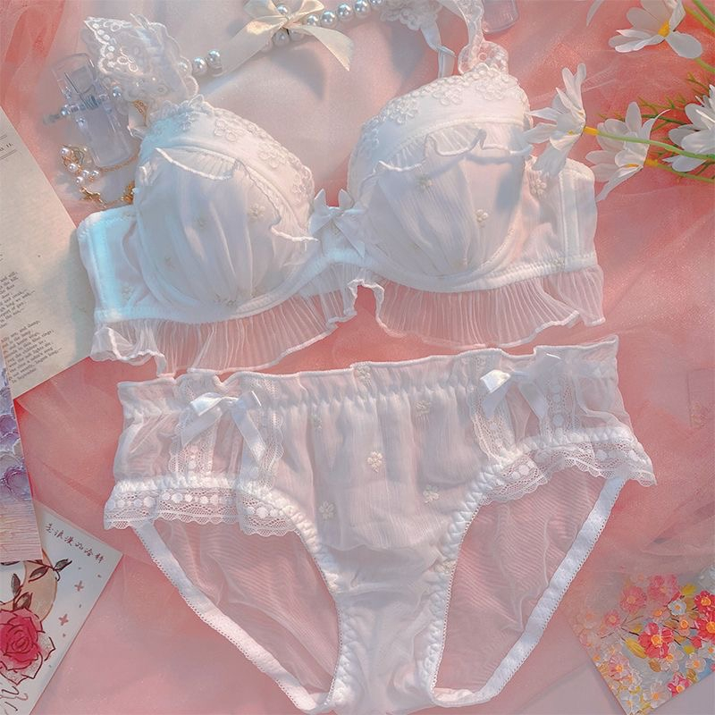 Women's Underwear Bra And Panty Set Lolita Girl Top Sexy Lingerie Cotton  Intimate Vintage Lace Front Buckle Flowers Kawaii Bras