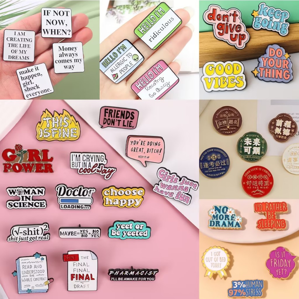 【16 set Interactive brooch pins feeling & emotion words creative badge