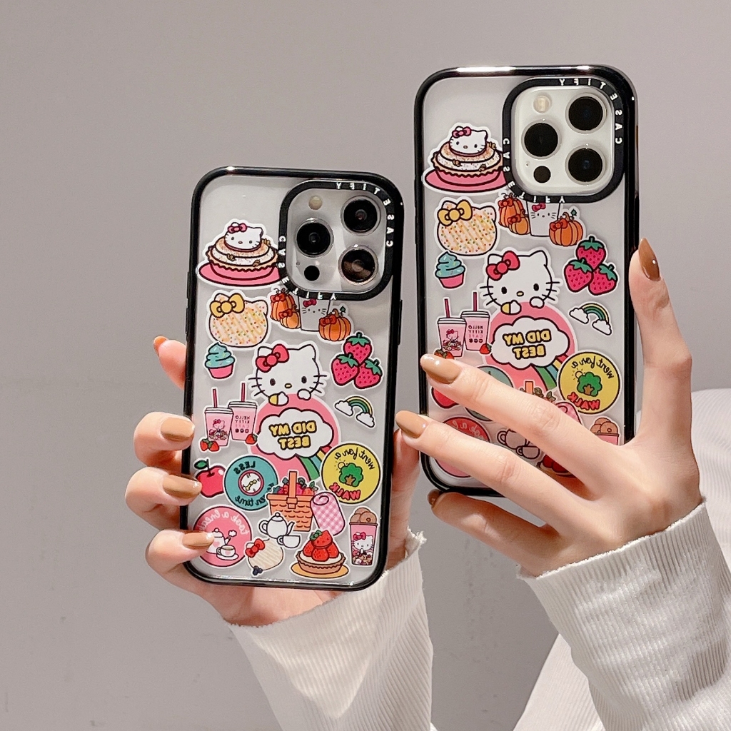 Casetify All Black Acrylic Cake Strawberry Hello Kitty Mobile Phone Protective Case Suitable for Apple 15 14 13 12 11pro promax plus Use