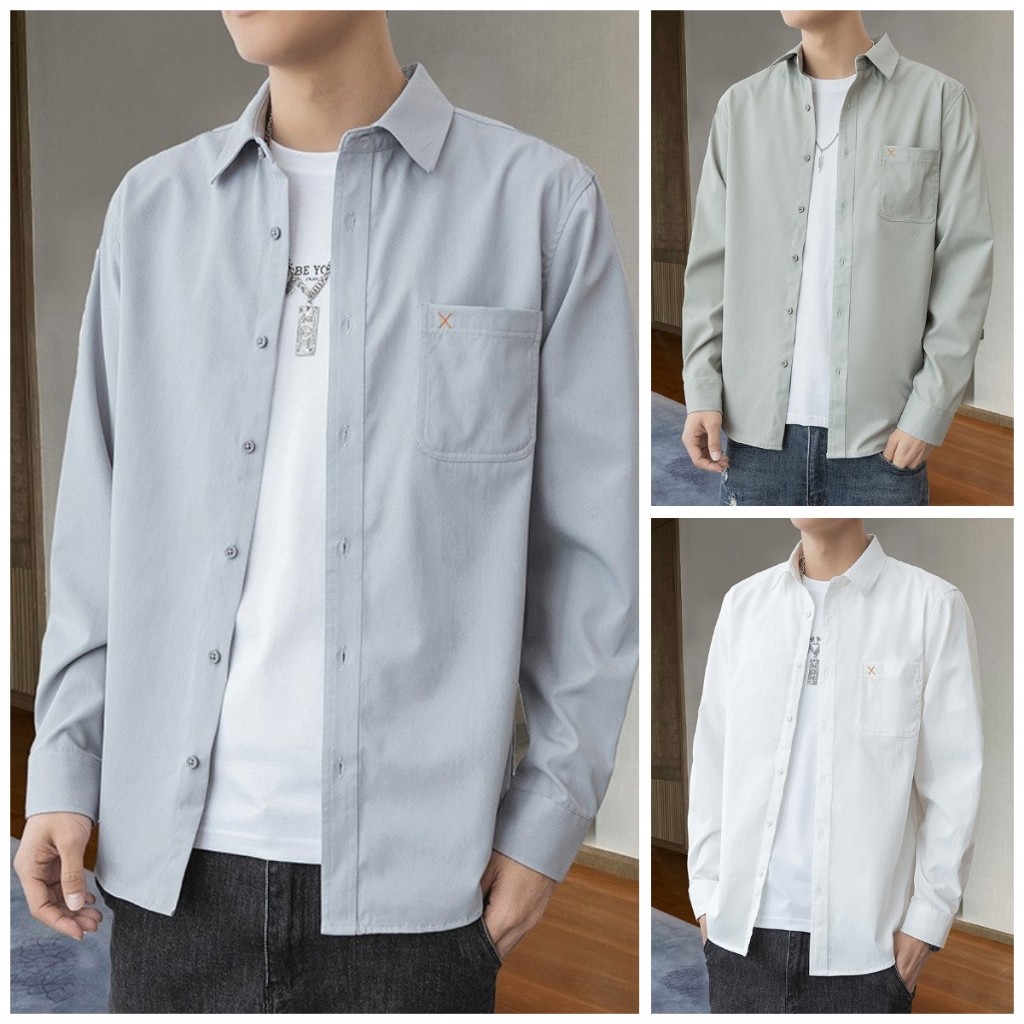 3 colour White green blue Casual Long Sleeve Shirt Khaki For Men