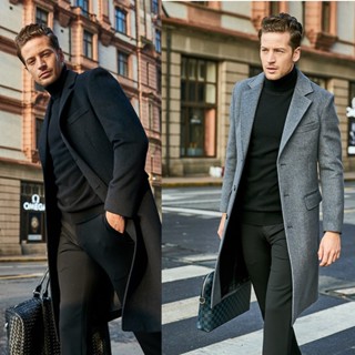 Mens Wool Blends Jacket Spring Autum Trench Overcoat Warm Wool Outwear Long  Black White Plaid Blends Coat Male Plus Size 4XL