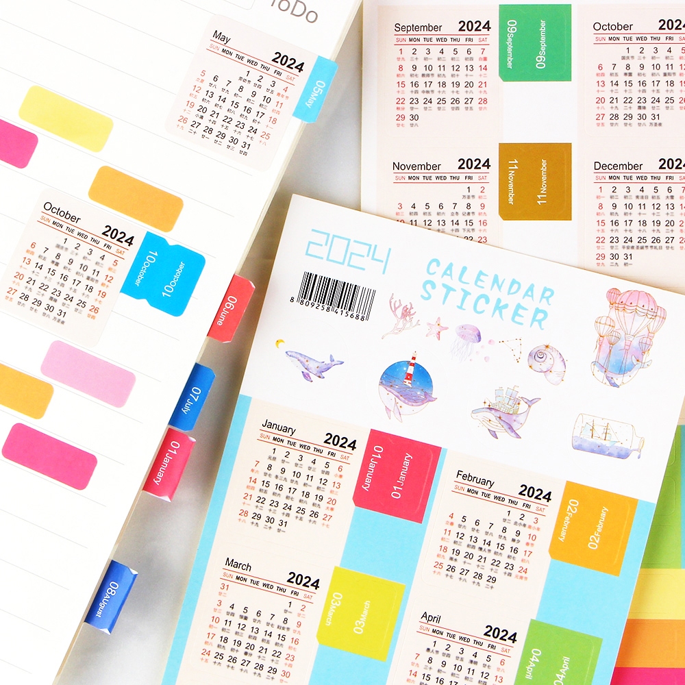 2 Sheets 2024 Year Monthly Calendar Index Page Stickers Bookmark