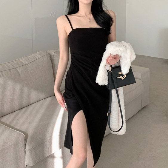 F&L Korean Women party long dress bodycon dress dinner dress Split satin Halter  Midi Dresses  | Shopee Singapore