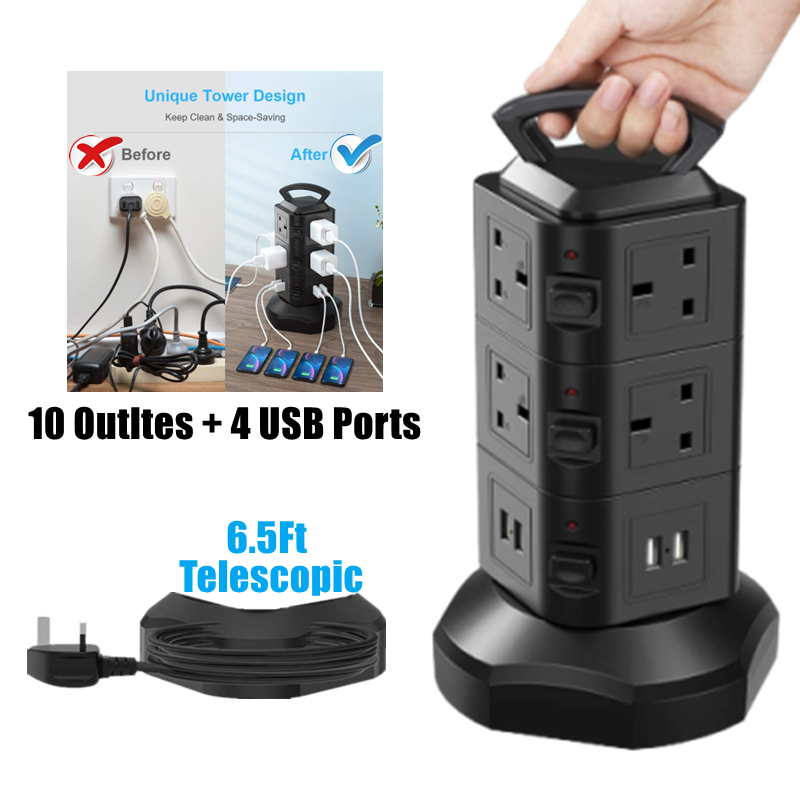 Retractable Power Strip Surge Protector,110V/220V/240V 6.5FT Extension Cord  with 3 Universal AC Cords 3 Smart USB, Small Portable Desk Charging for