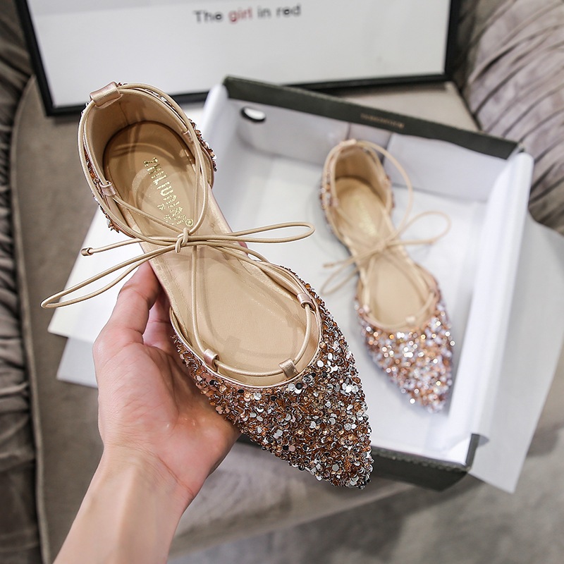 2023 Hollow Rhinestone Shoes Fashion Cross Strap Sandals Flat Heel