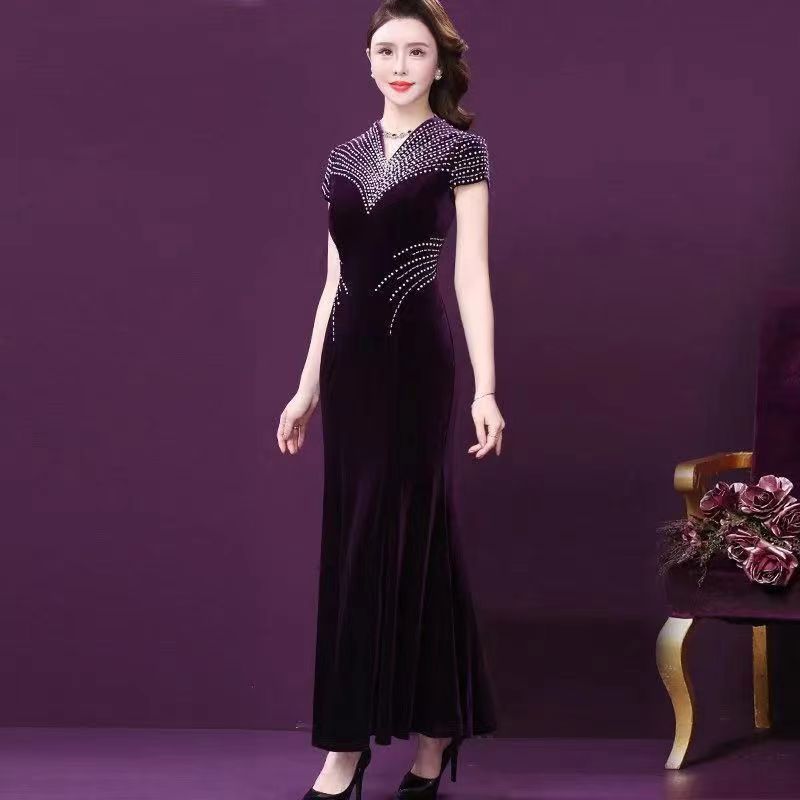 Elegant High end Bead Long Dress Summer Short Sleeve Plus Size