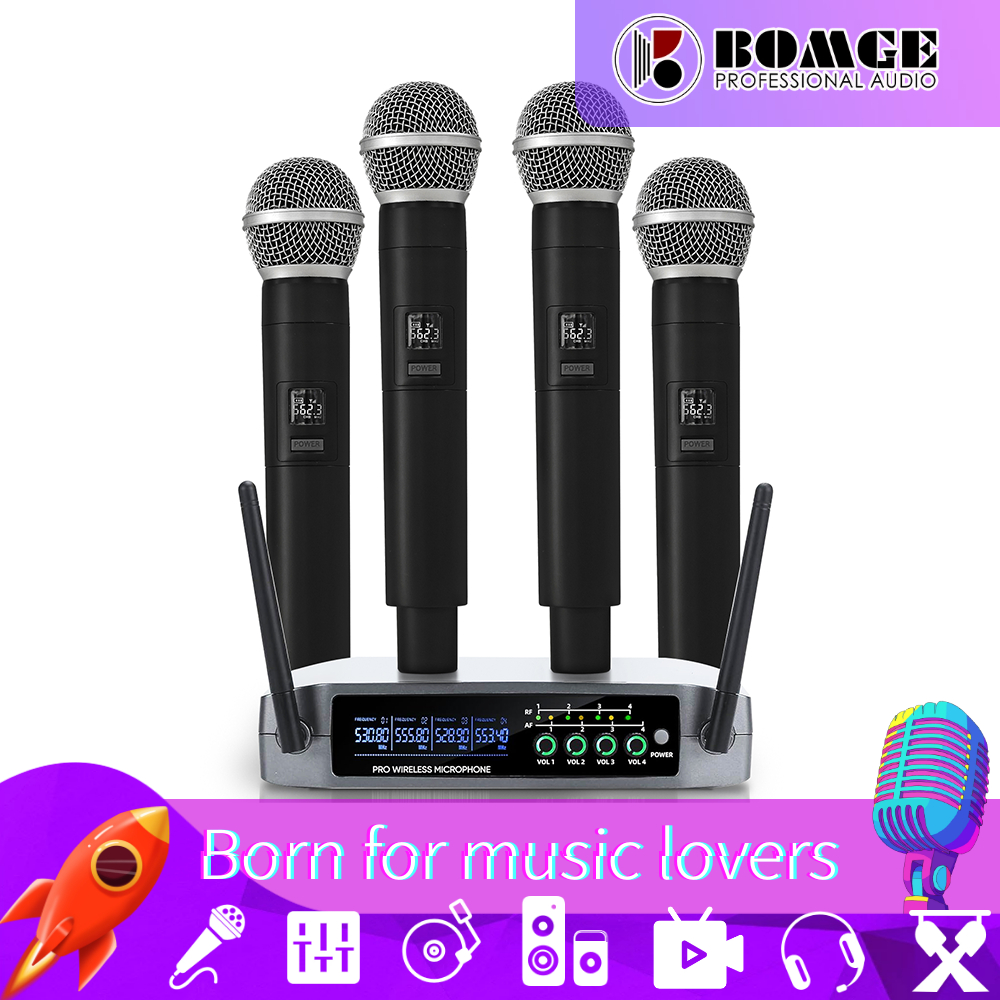 BOMGE 4 Channel Professional Wireless Microphone System with