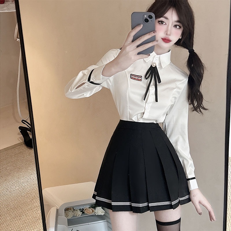 Preppy Style Class Uniform JK Uniform White Long-Sleeved Bow Tie Shirt ...