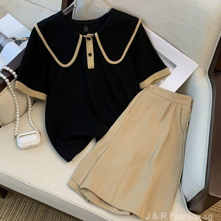 CONTRAST WAVY HEM SLEEVELESS TOP & SHORT SET