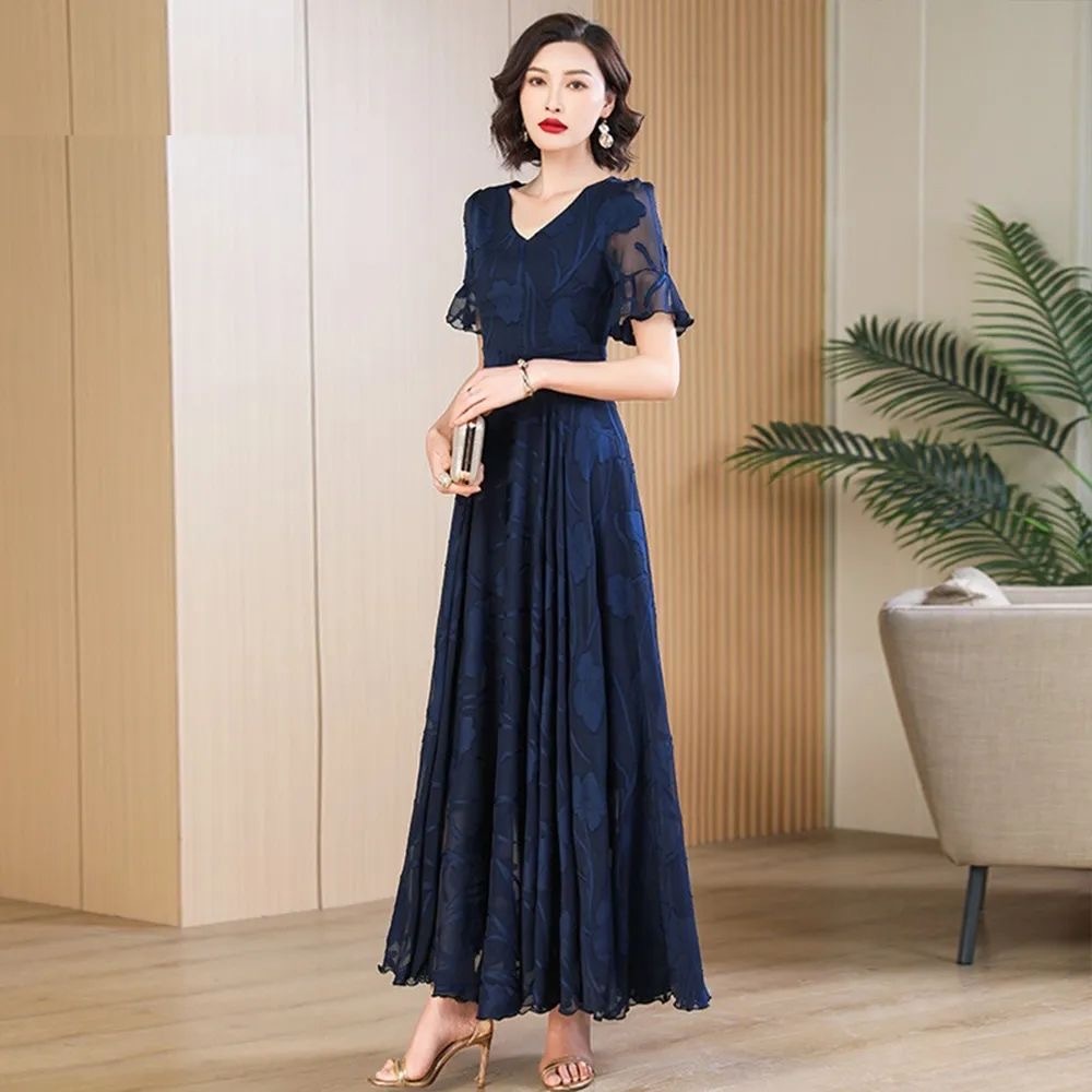 V neck Chiffon Long Dresses with Straps Dark Navy Plus Size