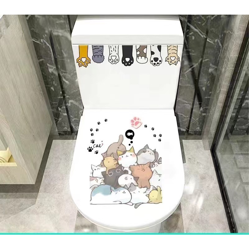 Cartoon cute cat toilet waterproof toilet cover sticker toil卡通可爱猫咪卫生间防水 ...