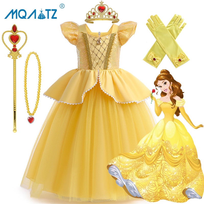 MQATZ Yellow Princess Cosplay Dress For Girls Children Costume