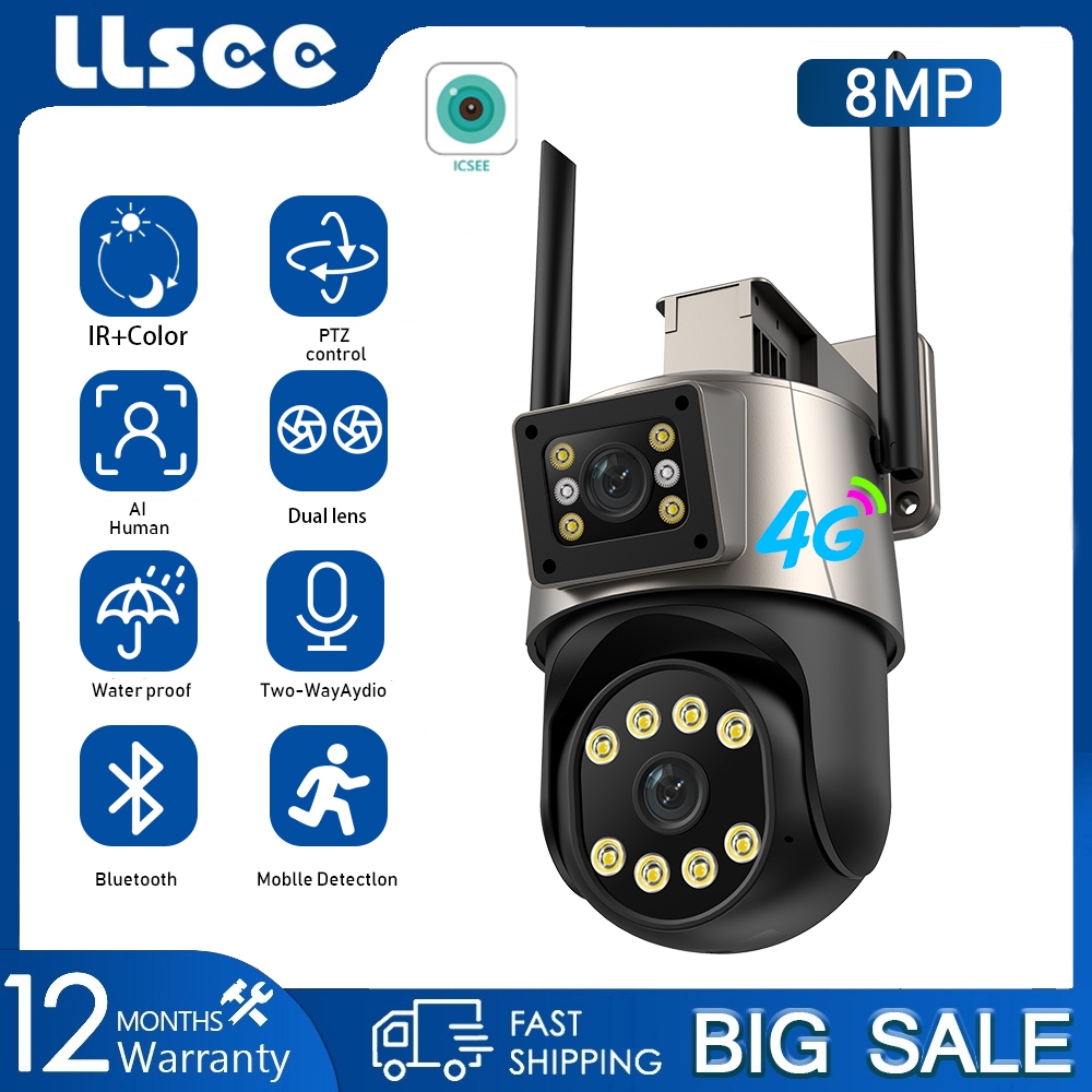 LLSEE ICSEE 4G SIM Card CCTV Wireless Outdoor Camera 360 PTZ 4K 8MP