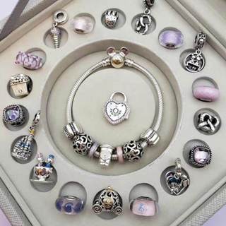 Castle on Pink Heart Charm, Fit Pan Bracelet, 925 Sterling Silver 