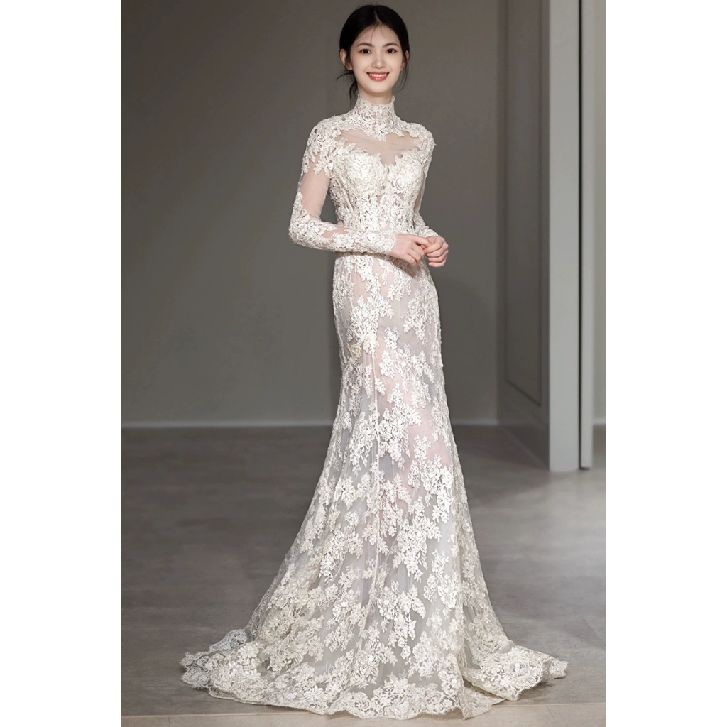 New Women Mermaid White Dinner Wedding Dress Elegant Long Sleeve